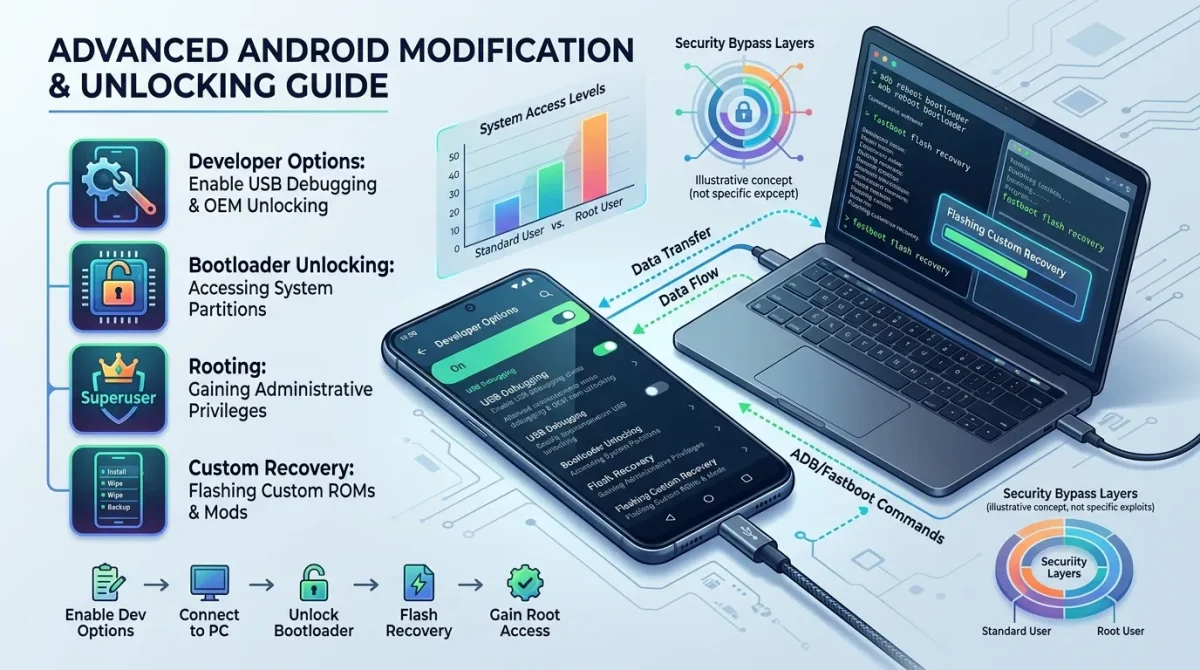 Advanced techniques for experienced users to unlock Android including debugging, firmware flashing, and root access
