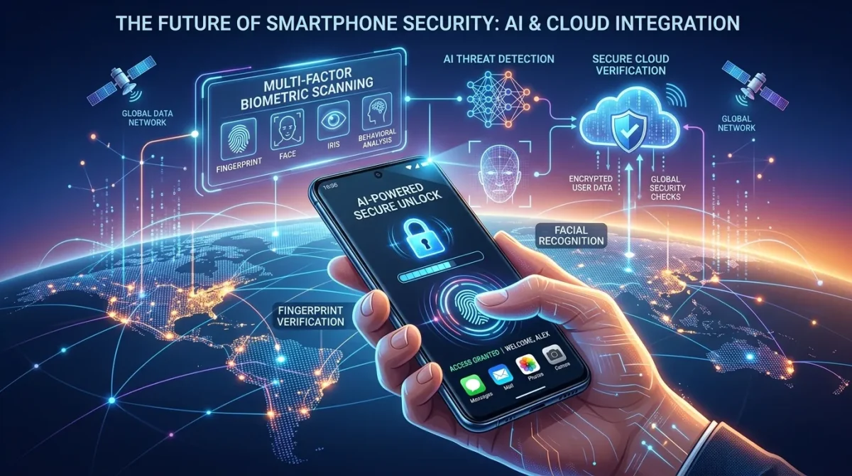 Future trends in Android unlocking showing AI, cloud security, and biometric innovations