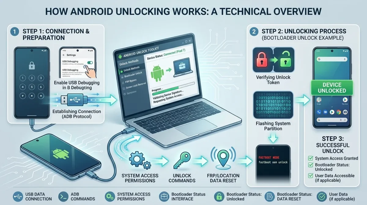 How unlock for Android works illustration showing smartphone connected to computer and lock removal process