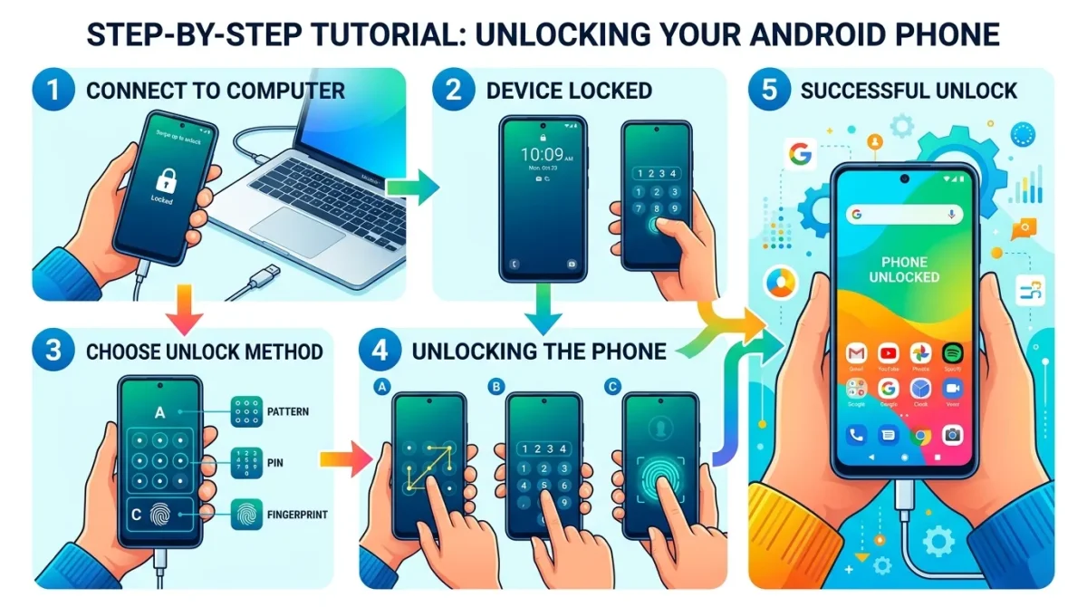 Step-by-step guide to unlock for Android showing smartphone with PIN, pattern, and fingerprint unlock