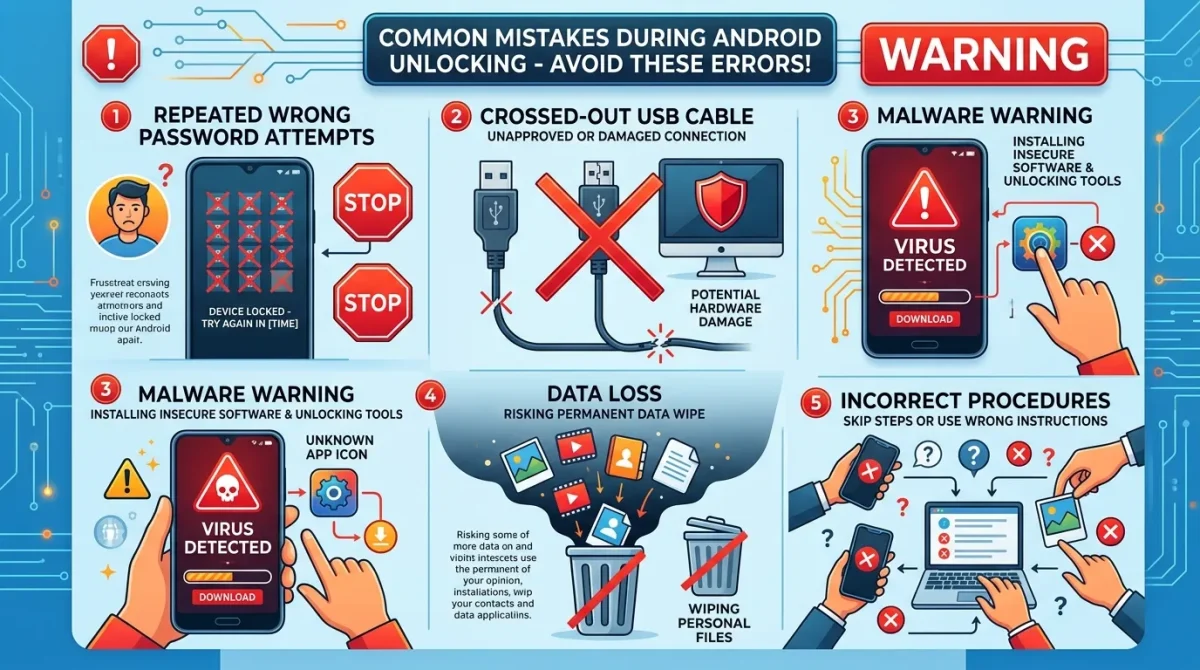 Common mistakes to avoid when trying to unlock for Android including errors and data loss risks
