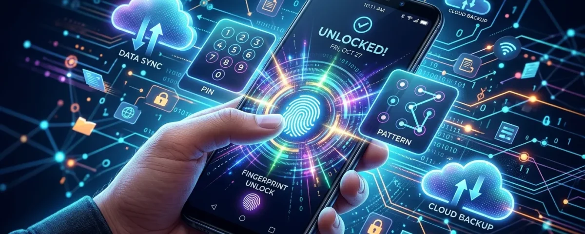 Unlock for Android hero image showing smartphone unlocking with fingerprint and PIN