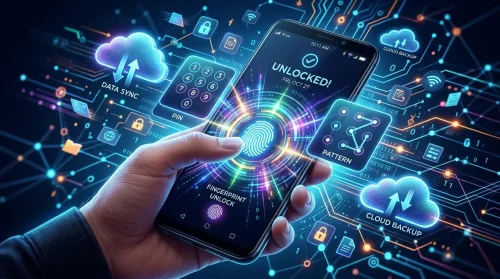 Unlock for Android hero image showing smartphone unlocking with fingerprint and PIN