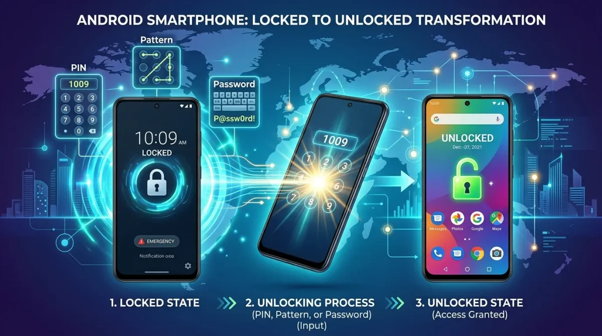 What does unlock for Android mean concept showing locked smartphone becoming unlocked