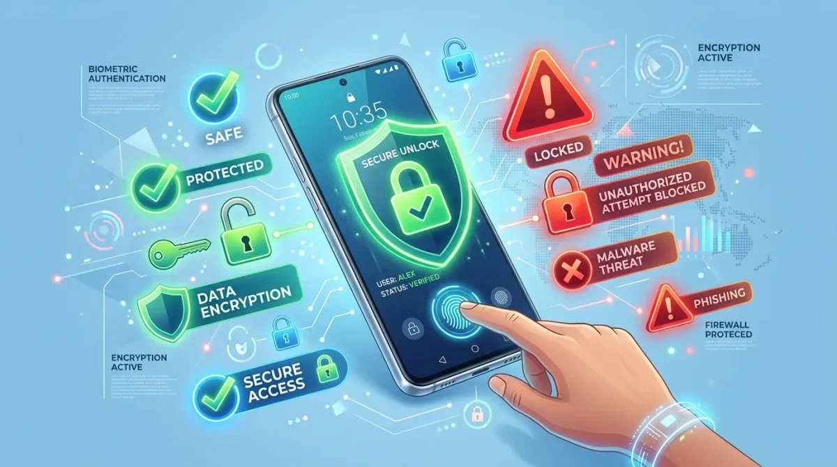 Is unlock for Android safe concept with smartphone, security shield, and caution icons