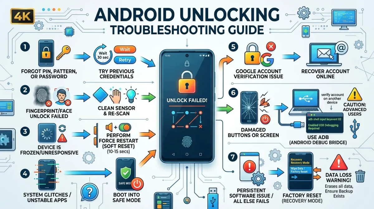 Troubleshooting unlocking issues for Android showing smartphone errors and step-by-step solutions
