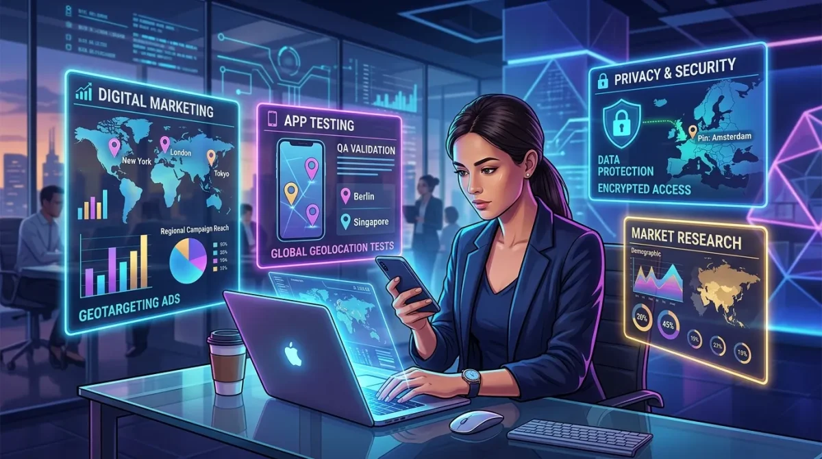 Professional using a laptop and smartphone with floating holographic panels showing maps, analytics, and location pins, symbolizing advanced professional uses of a location changer.