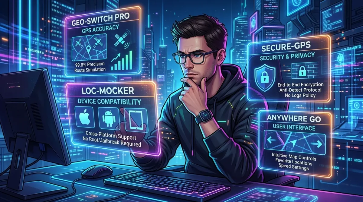 Person reviewing multiple floating screens showing different location changer apps with features like accuracy, security, and compatibility, symbolizing choosing the right tool.