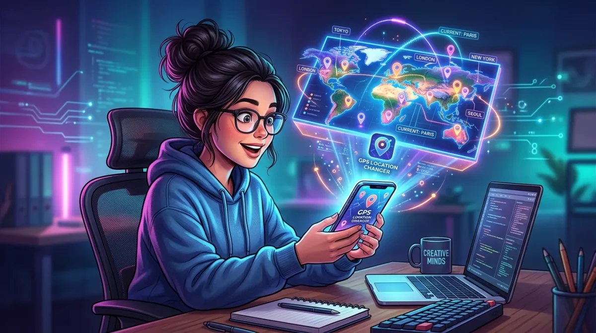 Person discovering a location changer app on a smartphone with glowing GPS map and floating location pins, symbolizing digital exploration and privacy.