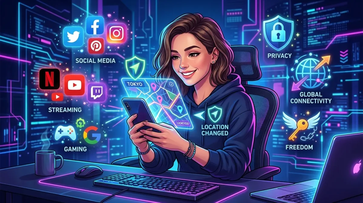 Person sitting relaxed at a desk using a smartphone with a glowing GPS map overlay, surrounded by social media, gaming, and streaming icons, symbolizing digital freedom and privacy with a location changer.
