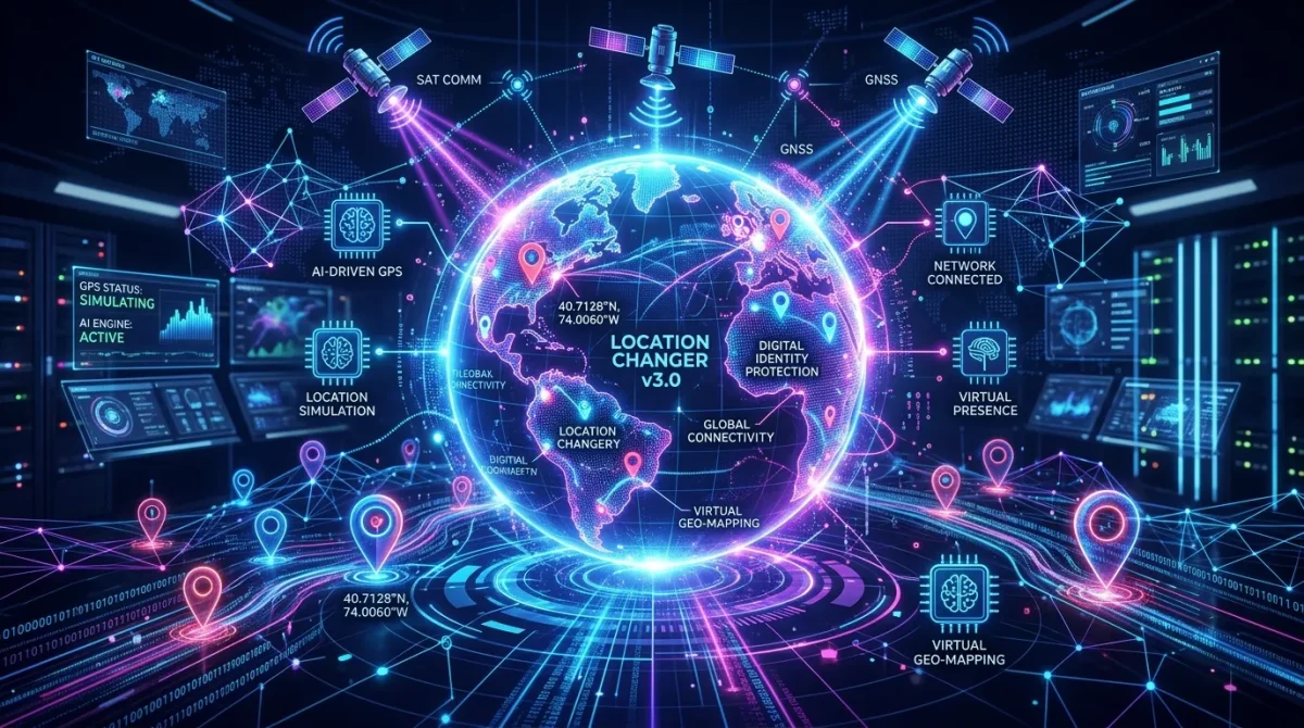 Glowing holographic globe with floating GPS pins, AI icons, and data streams, representing the future innovations and global applications of location changers.