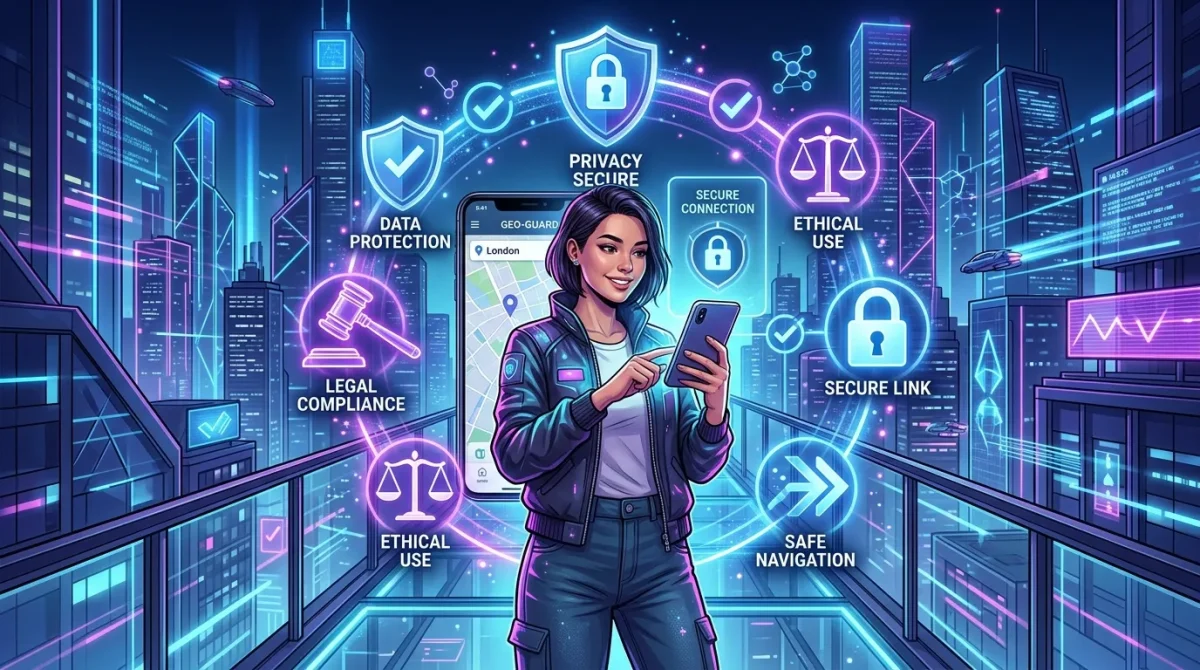 Person holding a smartphone with floating holographic shields, locks, and legal icons, symbolizing the safe, ethical, and legal use of a location changer.