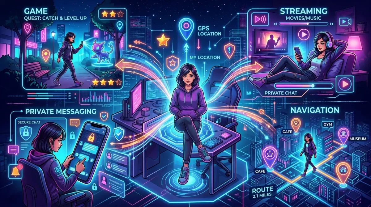 Central person using a location changer on a smartphone, with multiple scenes showing gaming, streaming, and social media, connected by glowing location pins and digital lines.