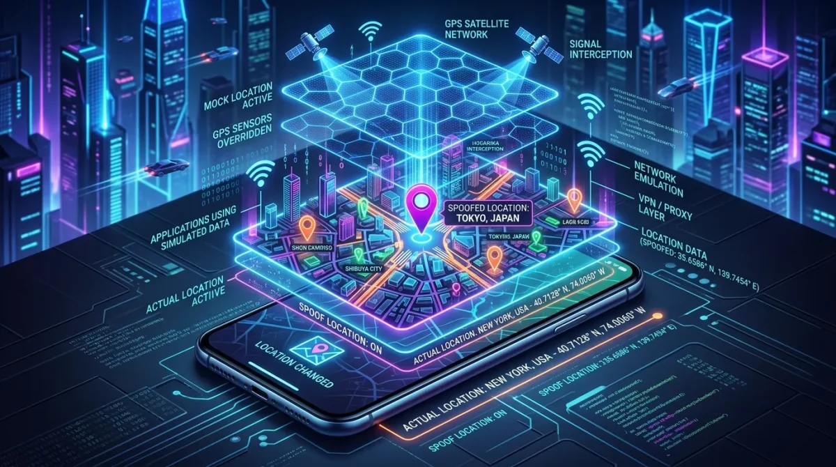 Smartphone with holographic GPS map, floating location pins, and digital data streams illustrating how a location changer simulates virtual locations and protects privacy.