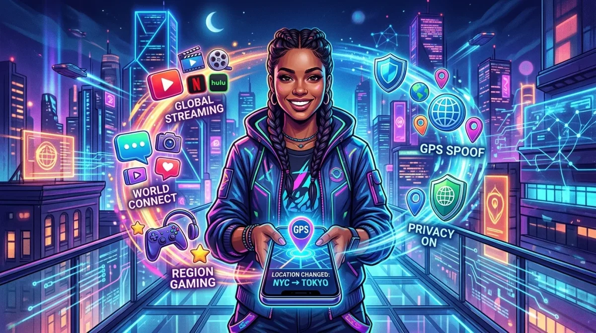 Person confidently holding a smartphone with floating gaming, streaming, social media icons, and GPS pins, representing the practical benefits and empowerment of using a location changer today.